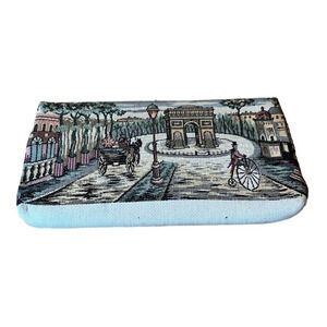 Vintage Clutch Purse Handbag Embroidery Design Street scene 10" long READ